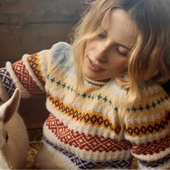 NWT Doen Brynn Sweater in Cream Monte Rosa Fair Isle Cashmere Wool Knit Print - Picture 6 of 12